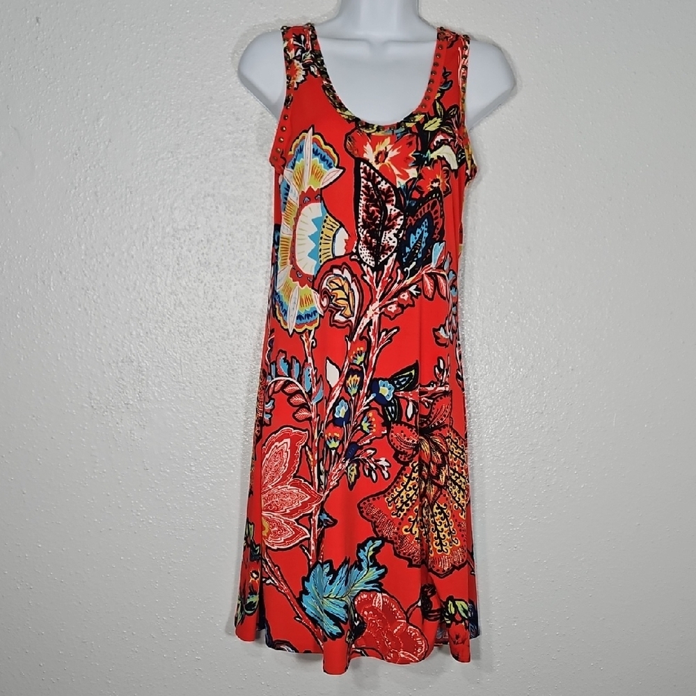 Premise Petite Red Floral Studded Scoop Neck Sleeveless Tank Dress -P Medium